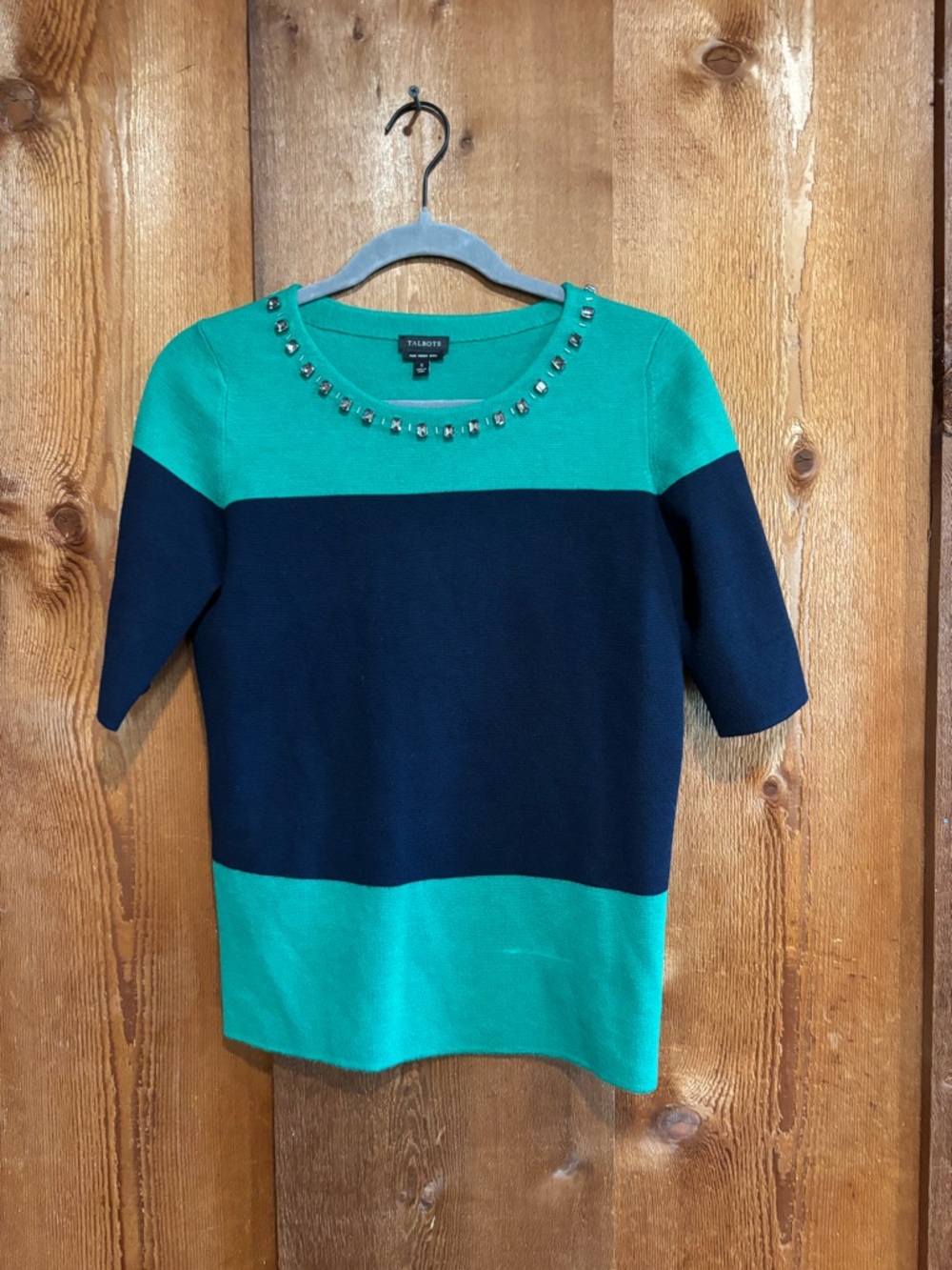 Talbots Pure Merino Wool Colorblock Sweater Embellished Neck Green Navy Small S
